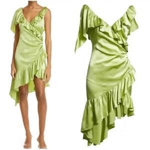 NWOT Cinq a Sept Petunya Ruffle Silk Midi Dress Prickly Pear Green V-neck Satin